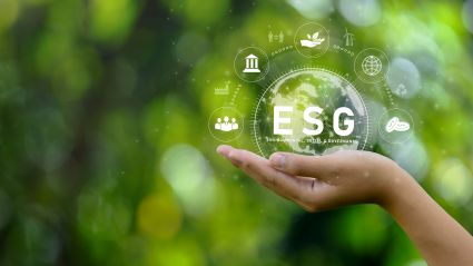 ESG icon concept. Environment in renewable hands. Nature, earth, society and governance